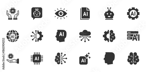 Artificial intelligence icons set. Artificial intelligence technology and Machine learning concept. Set contains such Icons as Ai Architecture, Brain, Robotics, Ai Technology, Algorithm and more.