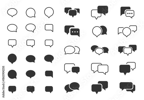 Speech bubble icon set. Speech bubble collection line and glyph styles. Dialogue balloons, text boxes, quote frames, conversation tags, thoughts labels. Vector illustration.