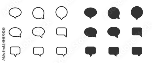 Speech bubble icon set. Speech bubble collection line and glyph styles. Dialogue balloons, text boxes, quote frames, conversation tags, thoughts labels. Vector illustration.