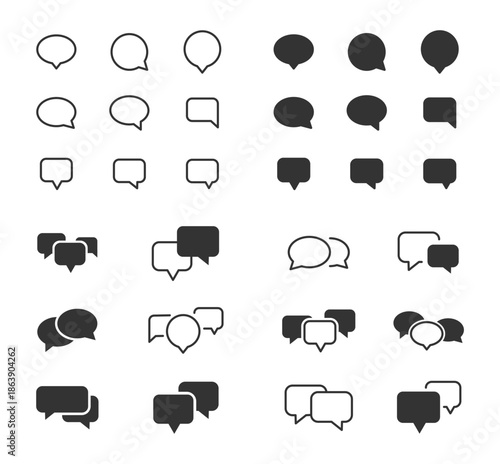Speech bubble icon set. Speech bubble collection line and glyph styles. Dialogue balloons, text boxes, quote frames, conversation tags, thoughts labels. Vector illustration.