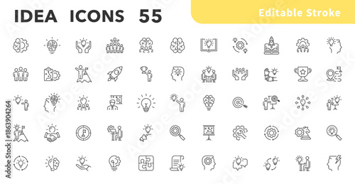 Idea outline icon set. Creative idea, brainstorming, solution, thinking and innovation icons. Brainstorm line icon. Editable stroke. Lightbulb with brain symbol. Vector illustration