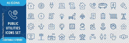 Public and Private Utilities Line Icon Set. Infrastructure, Energy, Water Supply, Electricity, Gas, Waste Management and Service Icons. Editable Outline Stroke. Vector Illustration