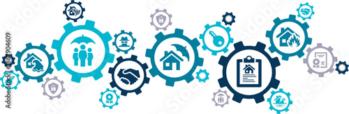 Home insurance vector illustration. Blue concept with icons related to insuring a house or residential property, homeowners insurance, security and damage protection for fire, flood or storms.