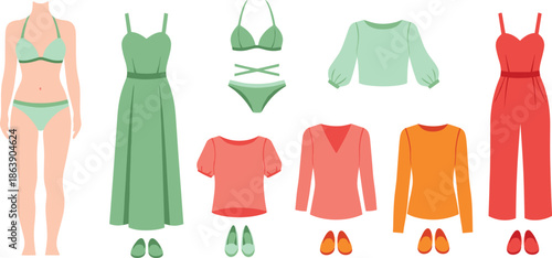 Women's fashion collection, bikini, dress, blouse, jumpsuit, shoes, trendy outfit, stylish clothing, summer wear, flat vector illustration