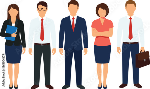 Business team, formal attire, professional group, office colleagues, corporate diversity, teamwork concept, standing pose, flat vector illustration