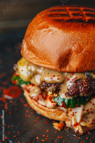 Bilde på lerret Fresh craft beef burger with cucumbet and chilly flakes on dark plate