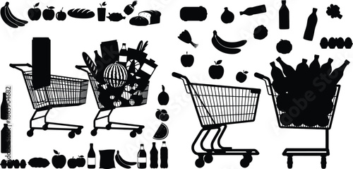 Collection of holiday shopping cart silhouettes with groceries and individual food items