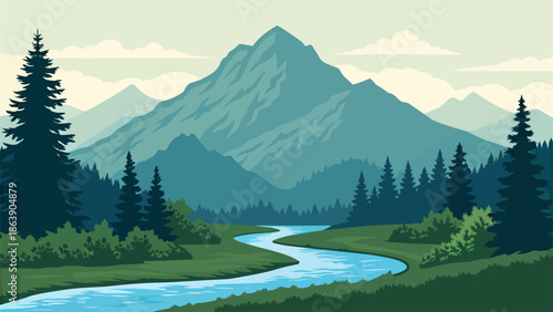 Serene mountain landscape with winding river and evergreen trees