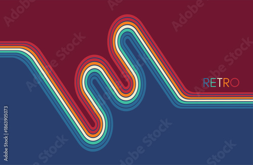 A retro 1970s-style background. Colorful lines. Abstract, dynamic curved ribbons. A serpentine curve of a race track. Designed for posters or banners for sports competitions. Vector illustration.
