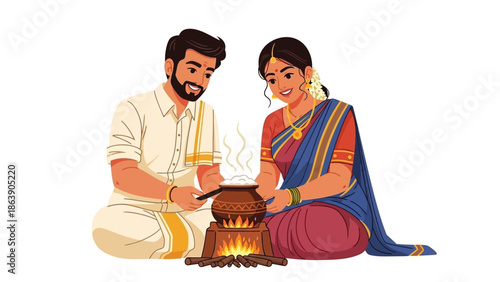 Happy Indian couple cooking together on traditional clay stove at home