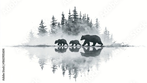 Silhouetted bears walking through a misty forest, reflected in a still body of water