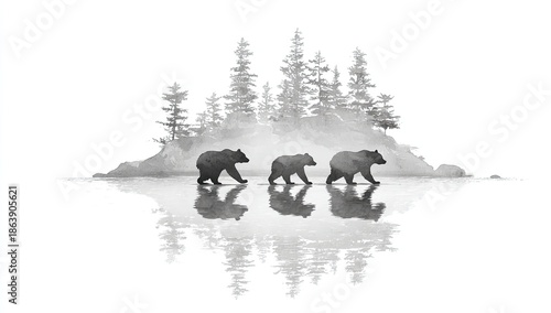 Three bears walk across a frozen lake in a misty forest