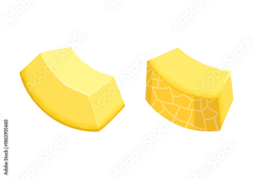 Two small pieces of melon vector illustration. Sliced juicy summer fruit on a white background.