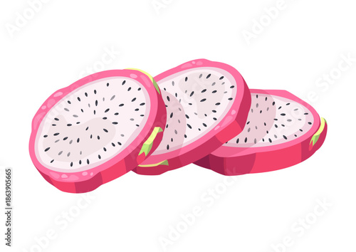 Three slices of dragon fruit, cut into circles. Juicy pitaya, or pitahaya, a tropical summer fruit. Vector illustration on a white background.