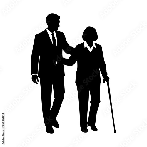 Businessman Helping Blind Person Walk Silhouette Vector.