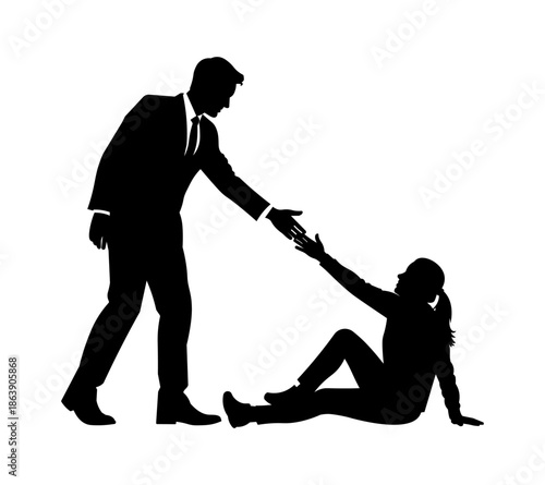 Businessman Helping Person Stand Up Silhouette Vector.