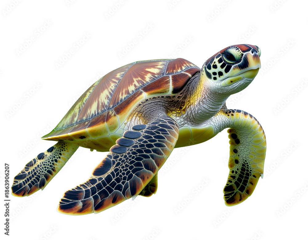 Fototapeta premium Sea turtle gliding through clear water with patterned shell and webbed flippers in vibrant hues