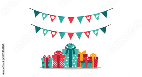 Celebration scene with two rows of colorful bunting flags hanging over a stack of various wrapped gift boxes with bows.