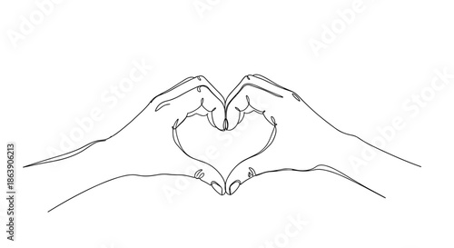 Minimalist one line drawing of two hands forming a heart shape symbol of love friendship and connection on white.