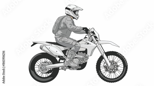 Dynamic illustration of a person confidently riding an off-road motorcycle, equipped with helmet and protective gear, ready for thrilling adventures and competitive sports on challenging terrains