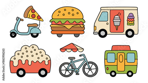 A Culinary Journey on Wheels: A delightful array of food-themed vehicles, including a pizza-topped scooter, a towering burger, and an ice cream truck, ready to serve up tasty treats on the go. 