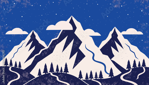 Majestic mountain landscape with snow capped peaks under starry night sky