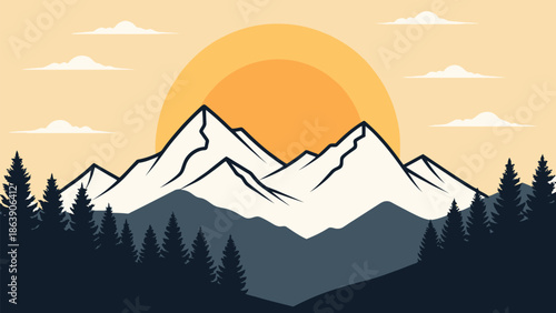 Snowy mountain landscape with vibrant sunset and pine trees