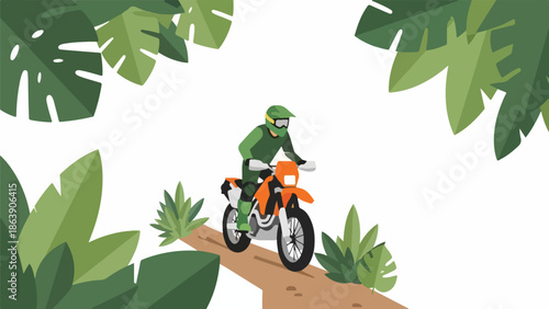 Man riding a dirt bike on a trail surrounded by lush green tropical foliage and plants