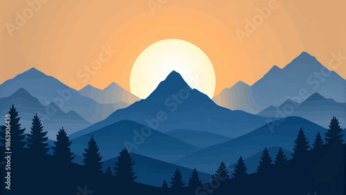 Serene mountain landscape with sunset and trees in foreground
