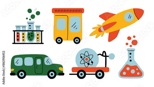 Science and Transport Symbols: A colorful assortment of science and transport symbols, representing various scientific experiments and transportation modes.