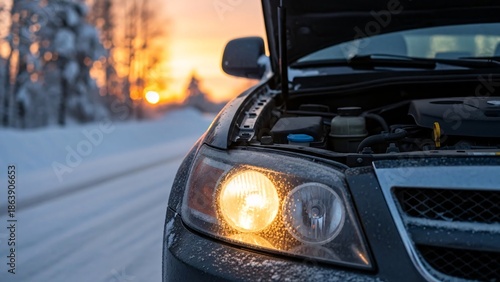 Close-up of a car headlight illuminated during winter sunset with snow covered road and trees in background capturing cold weather and vehicle lighting details