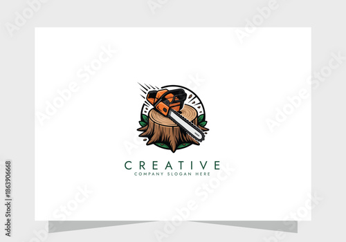 chainsaw logo tool vector illustration logo design, Concept of woodworking industrial, chainsaw repair and wood cutting service.