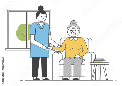 Minimalist Elderly Care Nursing Flat Vector. Senior Support & Healthcare Illustration.