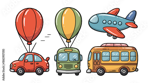 Travel Assortment: A whimsical arrangement of travel modes, featuring vibrant hot air balloons tethered to vehicles and a sleek airplane, perfectly capturing the spirit of adventure and exploration.