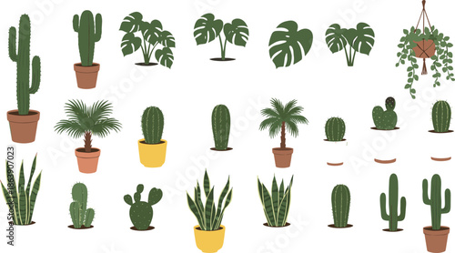 Houseplants and cactus collection vector illustration featuring indoor potted plants, succulents, tropical leaves, and greenery for home decor, interior design, and botanical projects