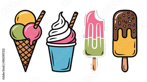 Ice Cream Delight: A delicious assortment of ice cream treats, featuring a classic cone, a swirl cup, and refreshing popsicles, perfect for a sunny day, showcasing the artful world of sweet dessert.