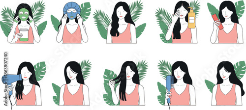 Skincare routine woman illustration set vector showing facial mask hair drying cleansing and beauty care steps with tropical leaves for wellness and self care concept design