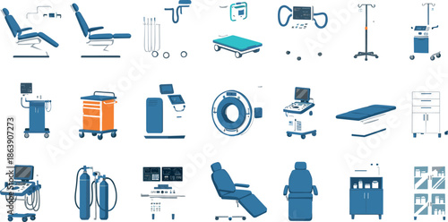 Medical hospital equipment and healthcare devices collection vector illustration featuring beds scanners monitors carts and diagnostic machines for clinic, surgery, and medical facility design