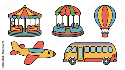 Playful Transportation: Charming illustrations of a carousel, bumper car ride, hot air balloon, airplane, and a bus, evoking nostalgia and fun for kids.