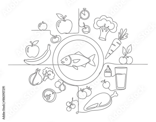 Minimalist Continuous Line Art: Nutrition Diet Plan Illustration for Healthy Lifestyle & Wellness
