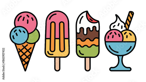 Colorful Ice Cream Collection: A delightful illustration showcases an array of ice cream treats, from classic cones to refreshing popsicles and elegant sundaes. The vibrant colors evoke joy.