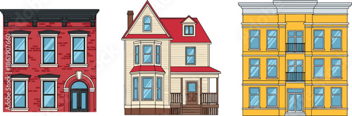 Residential building vector illustration, townhouse Victorian apartment facade, architectural home design, flat style drawing, urban housing sketch