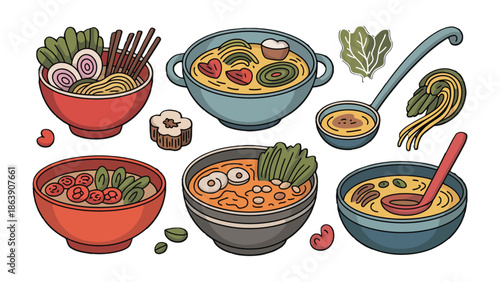 Culinary Symphony of Bowls: A vibrant ensemble of artistically arranged bowls, each brimming with a unique assortment of delectable ingredients, showcasing a rich tapestry of flavors, textures.