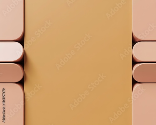 Vertical abstract composition with pastel pink geometric blocks and orange background shapes