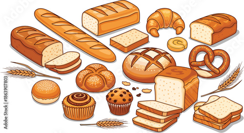 Bread pastry baked goods vector illustration, croissant pretzel muffin cookie bun loaf, bakery food flat design, wheat sketch