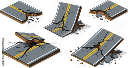 Cracked road surface, damaged asphalt texture, broken pavement, earthquake destruction, infrastructure failure, debris scattered, civil engineering, flat vector, CAD drawing, illustration