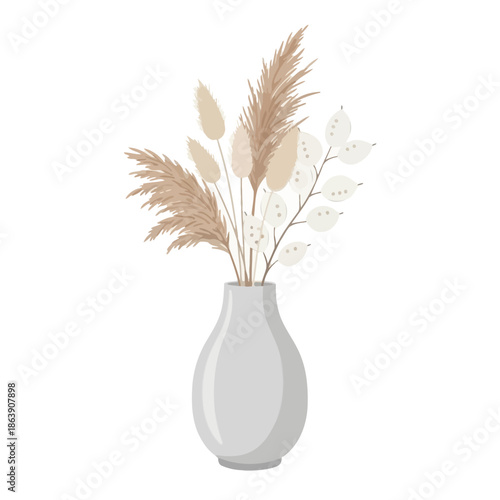 Boho Dried Flowers Arrangement in Ceramic Vase, Pampas Grass and Lunaria Seed Pods