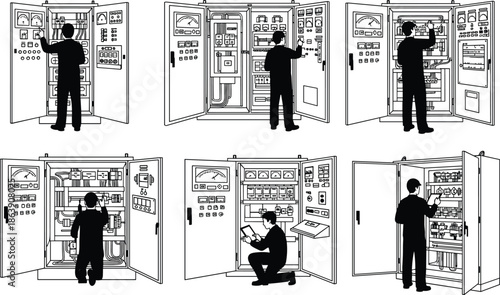Industrial control panel vector illustration, electrical cabinet inspection scene, technician monitoring system, flat engineering sketch, workplace design