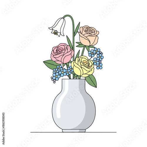 Pastel Rose Bouquet in White Vase, Delicate Flower Arrangement, Minimalist Vector Art