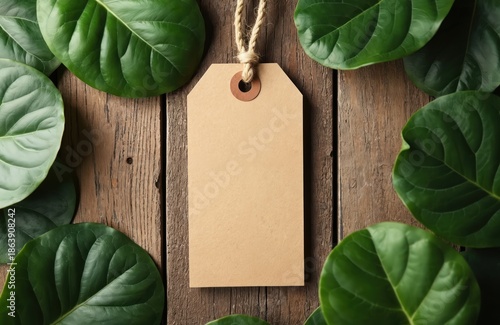 Blank kraft paper tag tied with twine rests on rustic wood planks. Large green leaves frame the natural composition, offering copy space for eco themes or product labeling.
